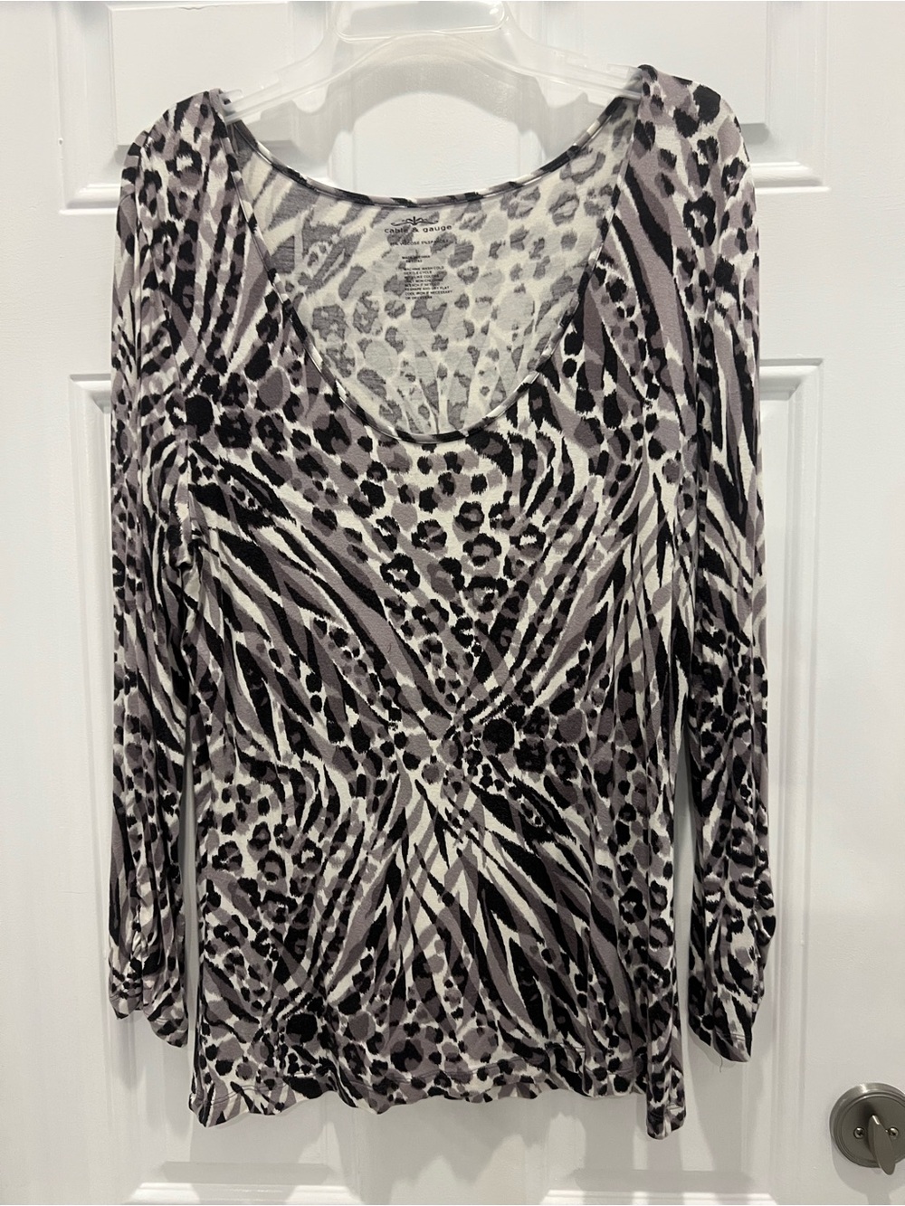 Cable & Gauge Animal Print 3/4 Sleeve Stretch Top Blouse Size L Viscose #963